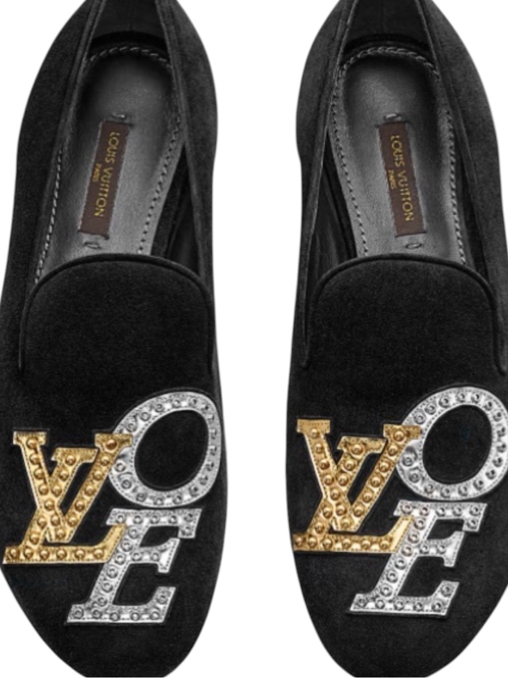 Louis Vuitton Black Suede Addict Loafers – LOVE Crystal Logo – Size 37.5